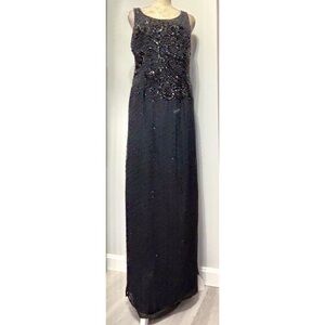 Vintage Y2K black gown with beading scoop neckline two 3 foot front slits-Large